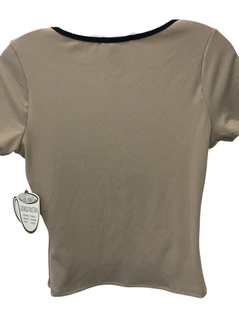 french pastry Beige Short Sleeve Tie-Front Top with Black Trim - Picture 4 of 4